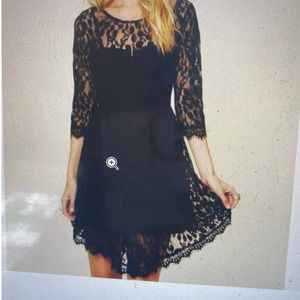 FREE PEOPLE Solid Black Floral Leaf Lace Asym Asymmetrical Hem Fit Flare Dress 4